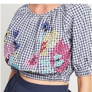 French Connection Gingham 70's Cropped Top Embroided details Size Small
